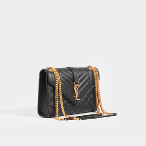 SAINT LAURENT Medium Quilted Textured-Leather Envelope Shoulder Bag in Black with Gold Hardware