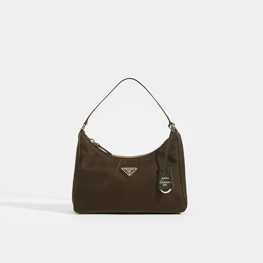 Front view of PRADA Re-Edition Hobo Bag in Camo Green