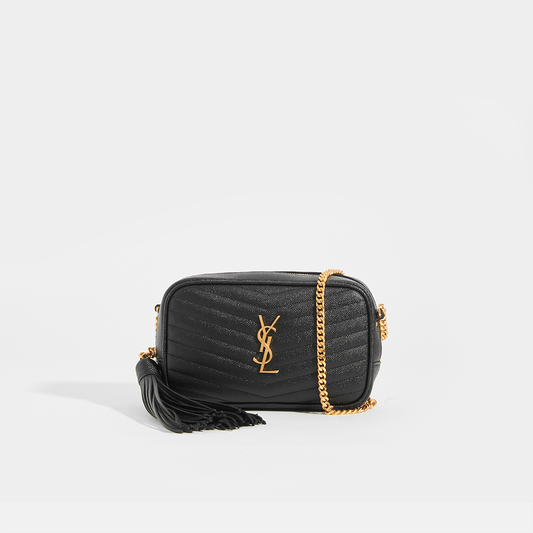 Lou Camera Bag in Black Leather with Gold Hardware