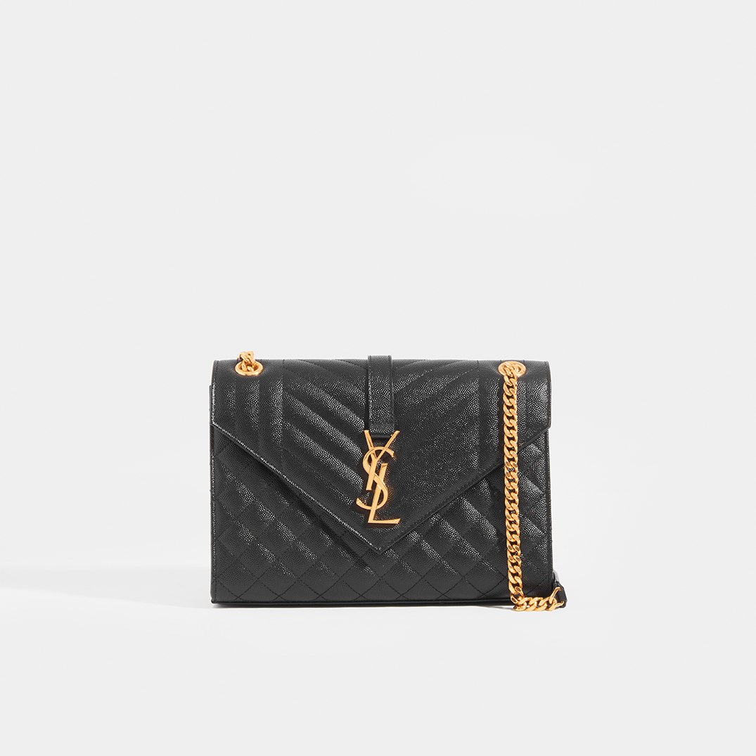 Medium Quilted Textured-Leather Envelope Shoulder Bag in Black with Gold Hardware