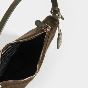 Inside PRADA Re-Edition Hobo Bag in Camo Green with bronze hardware