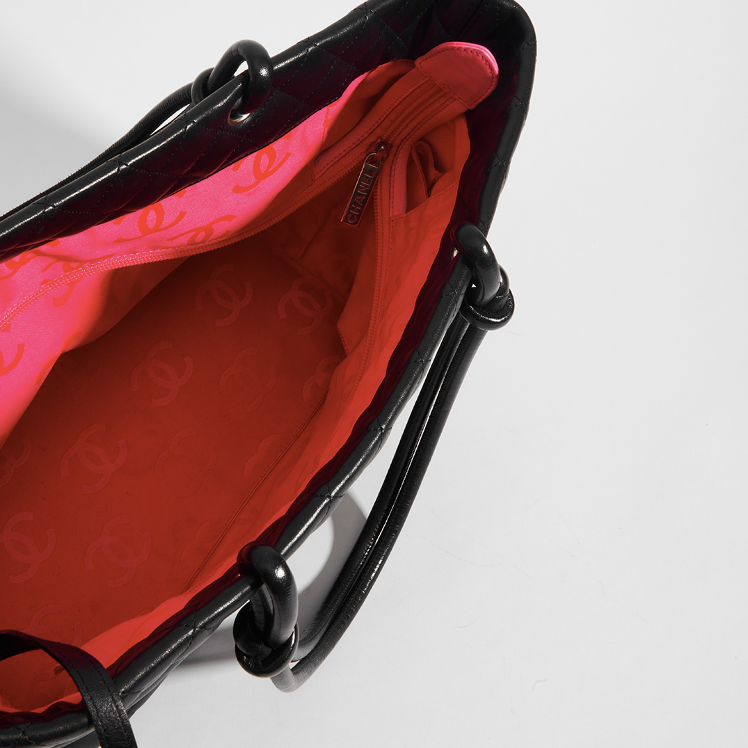 Inside of the CHANEL Cambon Ligne Tote in Black Leather
