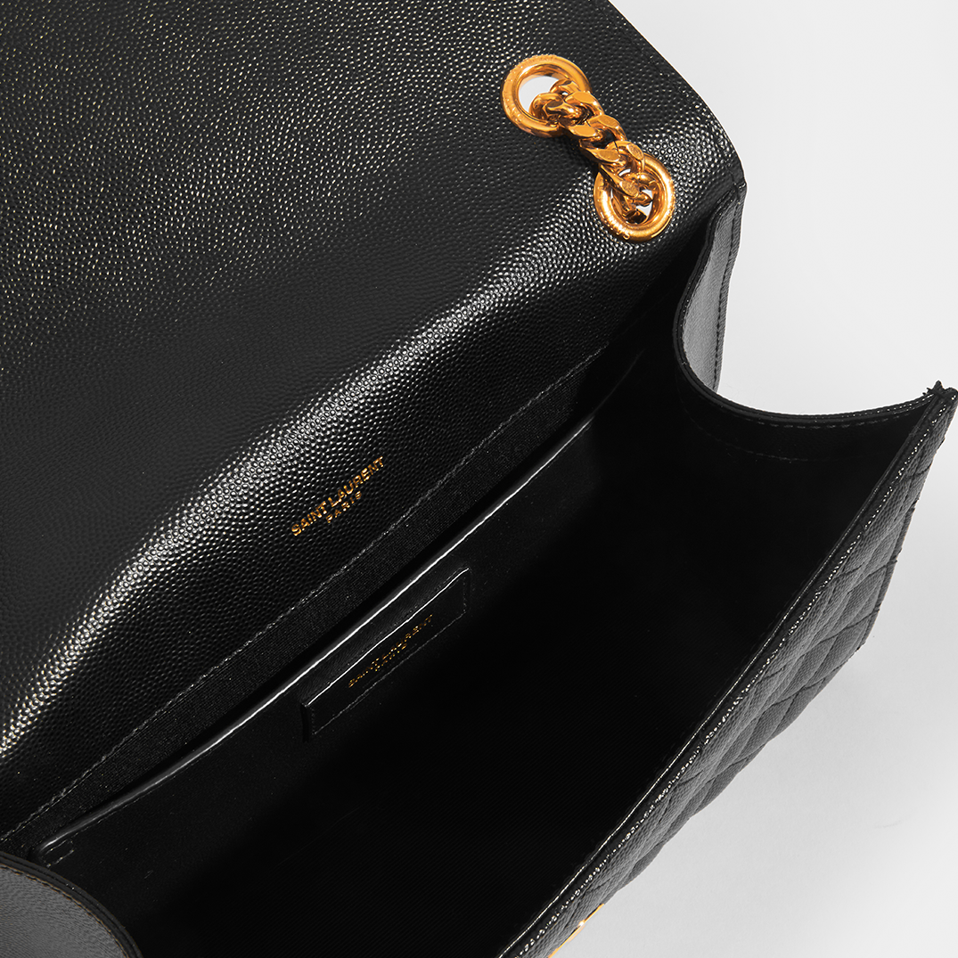 Medium Quilted Textured-Leather Envelope Shoulder Bag in Black with Gold Hardware