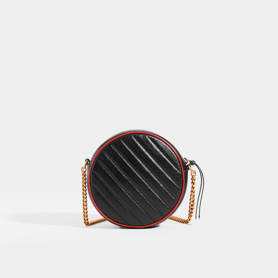 Back view of Gucci GG Marmont Mini Round Shouder Bag in Black Leather with Red Trim and Gold chain strap
