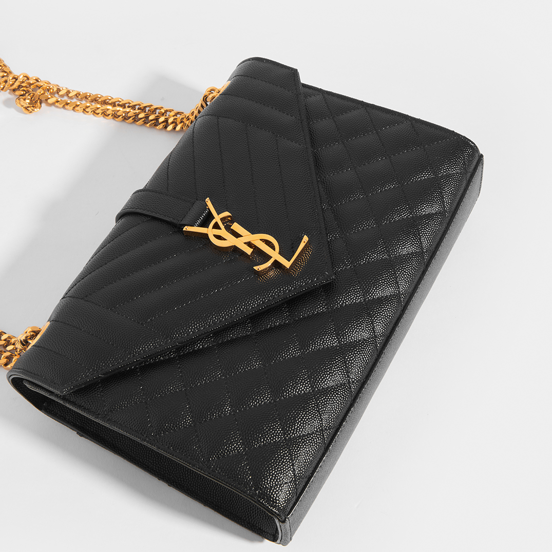 Medium Quilted Textured-Leather Envelope Shoulder Bag in Black with Gold Hardware