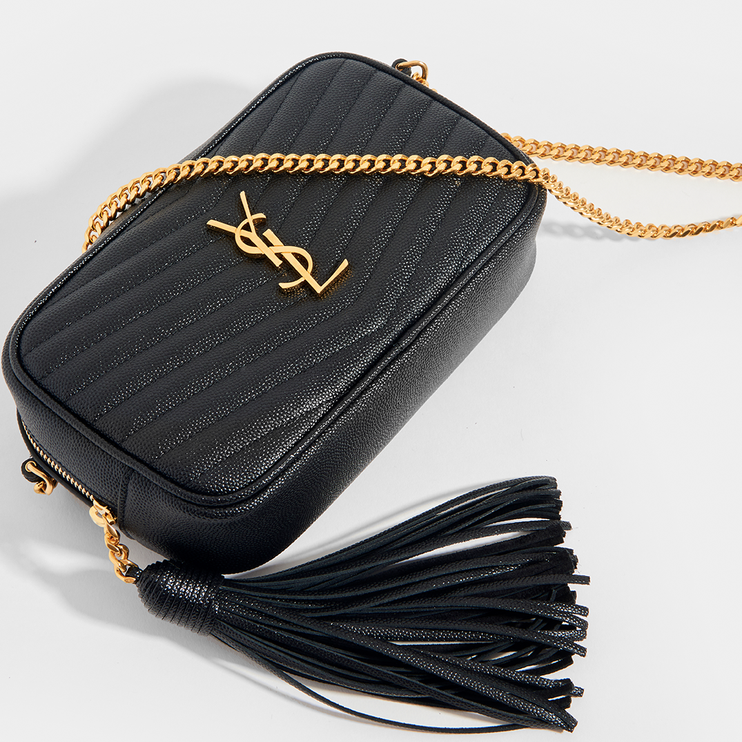 Lou Camera Bag in Black Leather with Gold Hardware