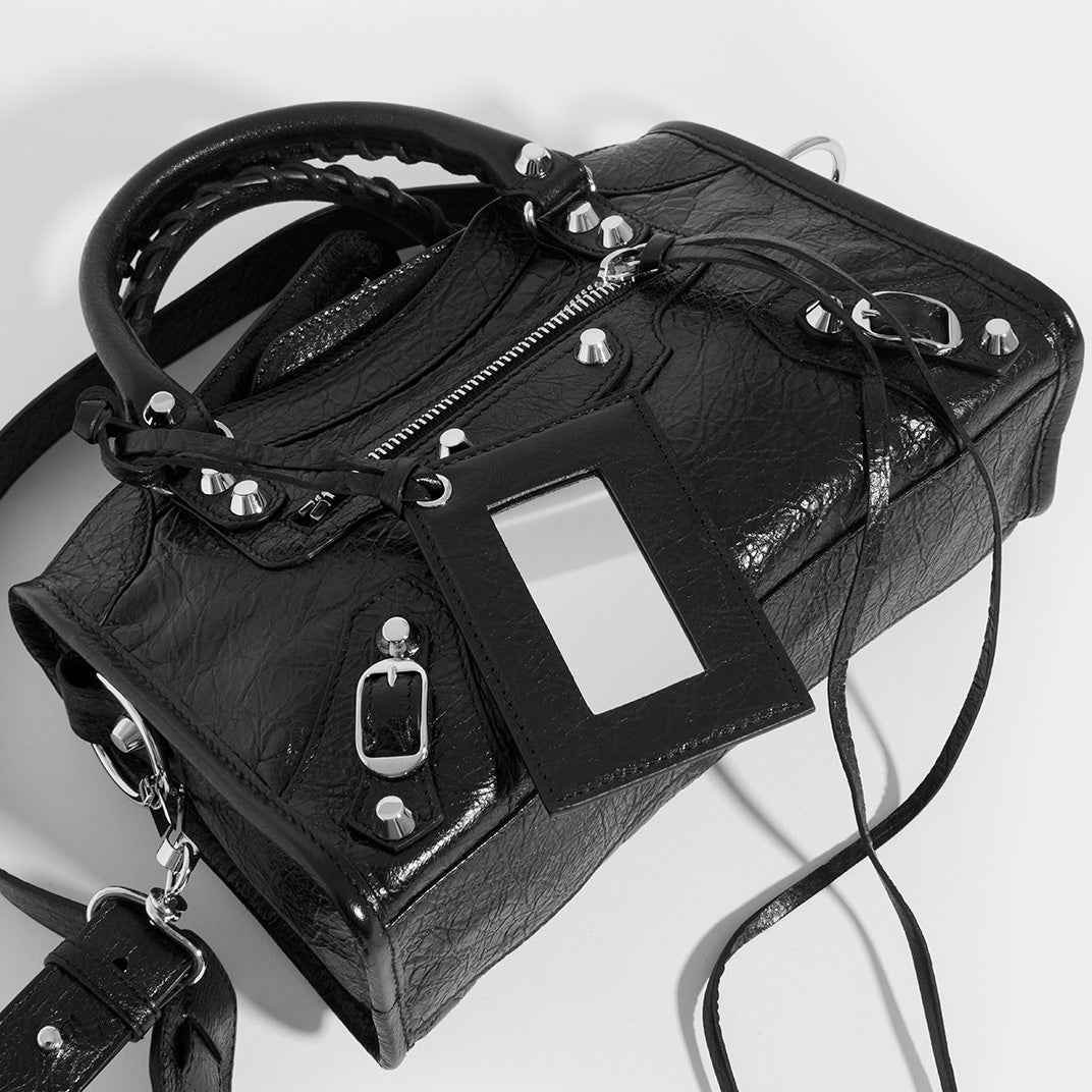 Top view of BALENCIAGA Mini City Bag With Silver Hardware in Black Leather