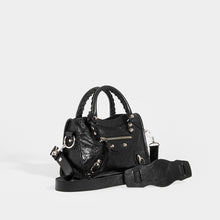 Load image into Gallery viewer, Side view of BALENCIAGA Mini City Bag With Silver Hardware in Black Leather and Shoulder Strap
