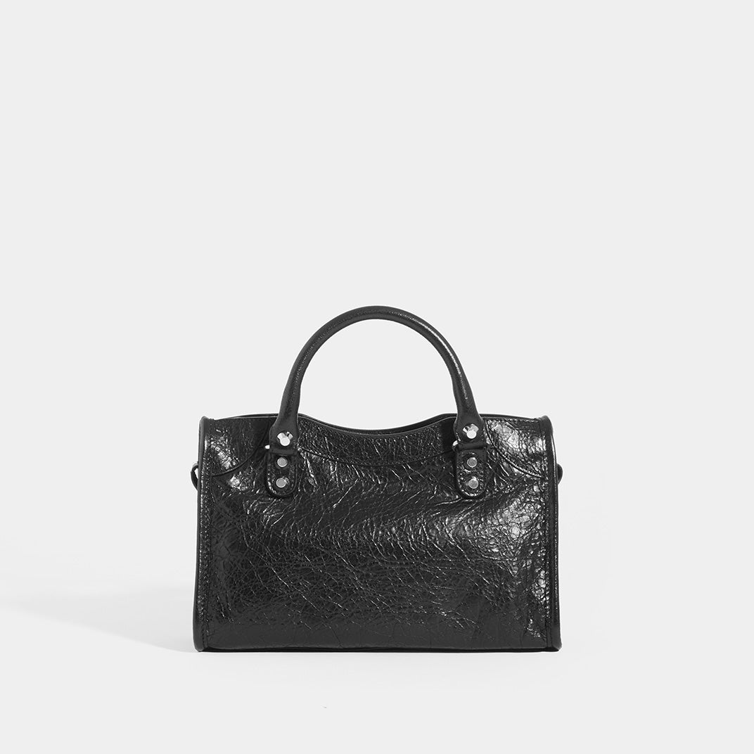 Back view of BALENCIAGA Mini City Bag With Silver Hardware in Black Leather