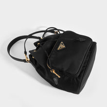 Load image into Gallery viewer, Flat shot of PRADA Nylon Top Handle Drawstring Bucket Bag with Shoulder Strap