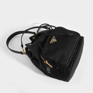 Flat shot of PRADA Nylon Top Handle Drawstring Bucket Bag with Shoulder Strap