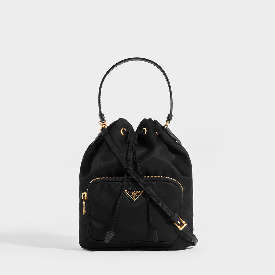 PRADA Nylon Top Handle Drawstring Bucket Bag with Shoulder Strap