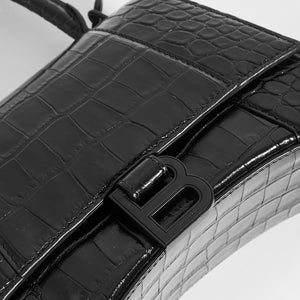 BALENCIAGA Hourglass Croc-Embossed Top Handle Bag in Black - Close Up