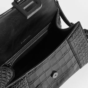 BALENCIAGA Hourglass Croc-Embossed Top Handle Bag in Black - Interior View