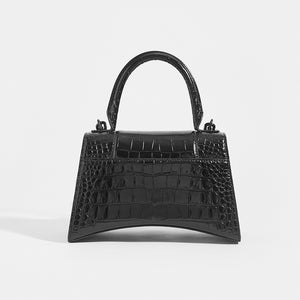 BALENCIAGA Hourglass Croc-Embossed Top Handle Bag in Black - Rear View