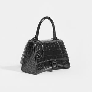 BALENCIAGA Hourglass Croc-Embossed Top Handle Bag in Black - Side View