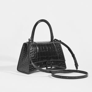 BALENCIAGA Hourglass Croc-Embossed Top Handle Bag in Black - Side View with Strap