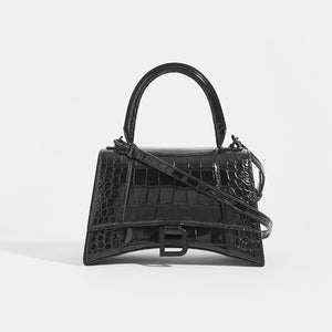 BALENCIAGA Hourglass Croc-Embossed Top Handle Bag in Black - Front View