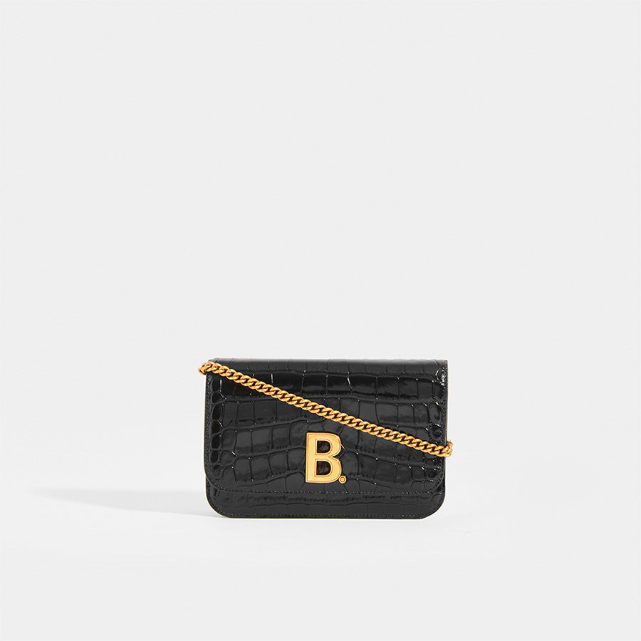 Front view of BALENCIAGA B-Logo Croc Effect Leather Crossbody with gold metal chain strap