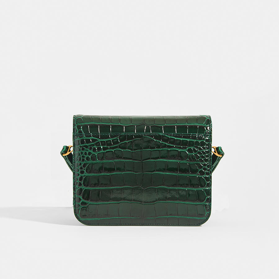 Back View of BALENCIAGA B Small Bag in Croc-Embossed Calfskin in Dark Green