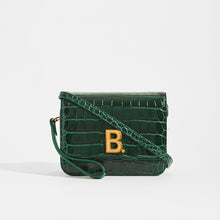 Load image into Gallery viewer, Dark Green BALENCIAGA B Small Bag in Croc-Embossed Calfskin with cross body strap and gold Balenciaga B logo on the front