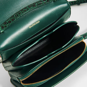 Inside of dark green BALENCIAGA B Small Bag in Croc-Embossed Calfskin