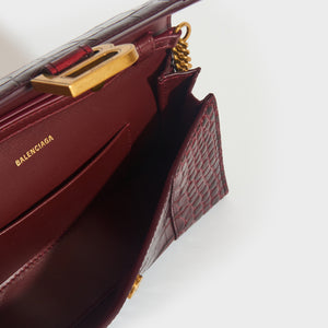 BALENCIAGA Hourglass Chain Bag in Burgundy Shiny Crocodile Embossed Calfskin