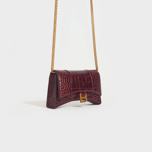 BALENCIAGA Hourglass Chain Bag in Burgundy Shiny Crocodile Embossed Calfskin