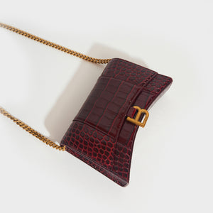 BALENCIAGA Hourglass Chain Bag in Burgundy Shiny Crocodile Embossed Calfskin