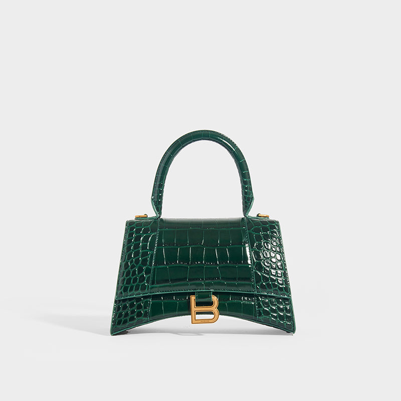 BALENCIAGA Small Hourglass Bag in Forest Green Embossed Croc