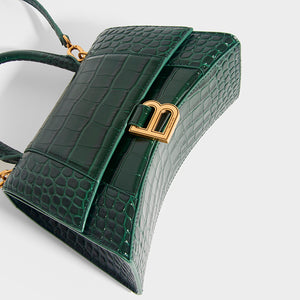 BALENCIAGA Small Hourglass Bag in Forest Green Embossed Croc