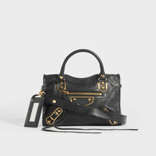 Load image into Gallery viewer, BALENCIAGA Mini City Bag With Gold Hardware in Black Leather with top handles and cross body strap - Front View