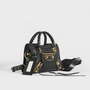 BALENCIAGA Mini City Bag With Gold Hardware in Black Leather side view