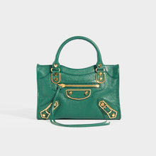 Load image into Gallery viewer, BALENCIAGA Mini City Bag With Gold Hardware in Forest Green Leather with top handles and leather cross body strap
