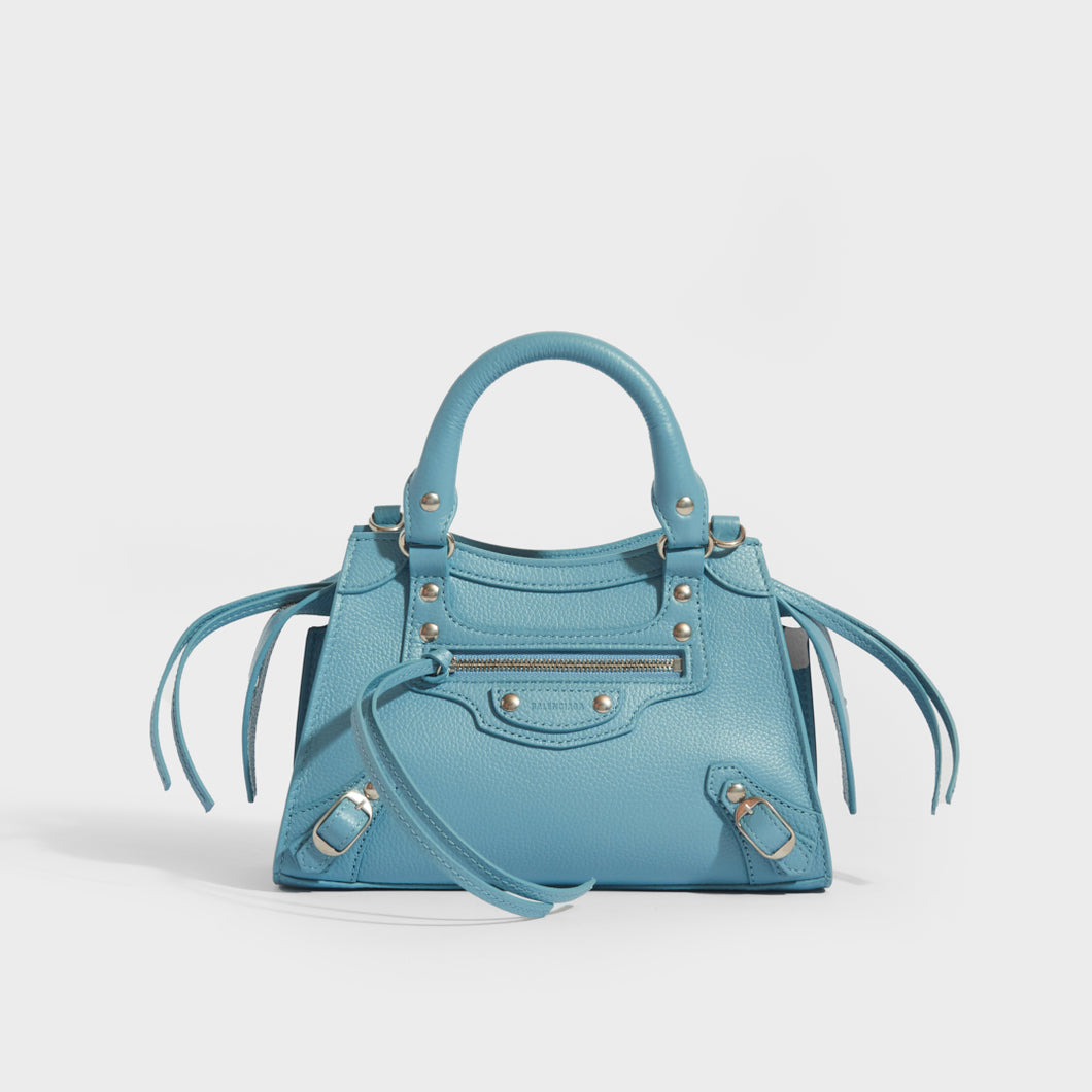 Front view of the BALENCIAGA Mini Neo Classic City Leather Bag in Blue Grey