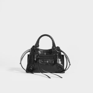 BALENCIAGA Neo Classic City Nano Crocodile-effect Leather Bag in Black with leather top handles and shoulder strap