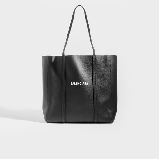 Front view of the BALENCIAGA Small Everyday Tote in Black Leather with White Logo
