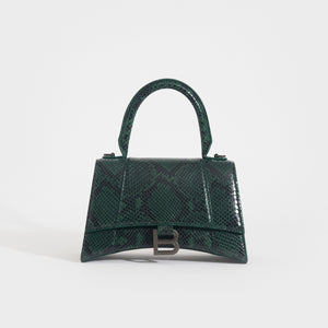 BALENCIAGA Small Hourglass Bag in Green and Black Snakeskin-Effect