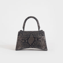 Load image into Gallery viewer, Rear of the BALENCIAGA Small Hourglass Top Handle Snakeskin-Effect Leather Bag in Dark Grey and Black