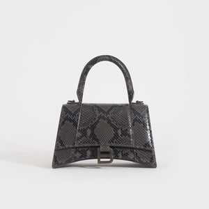 Front view of the BALENCIAGA Small Hourglass Top Handle Snakeskin-Effect Leather Bag in Dark Grey and Black