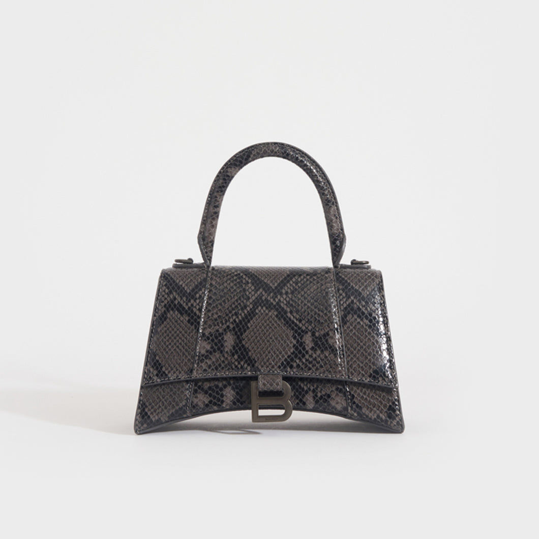 Front view of the BALENCIAGA Small Hourglass Top Handle Snakeskin-Effect Leather Bag in Dark Grey and Black