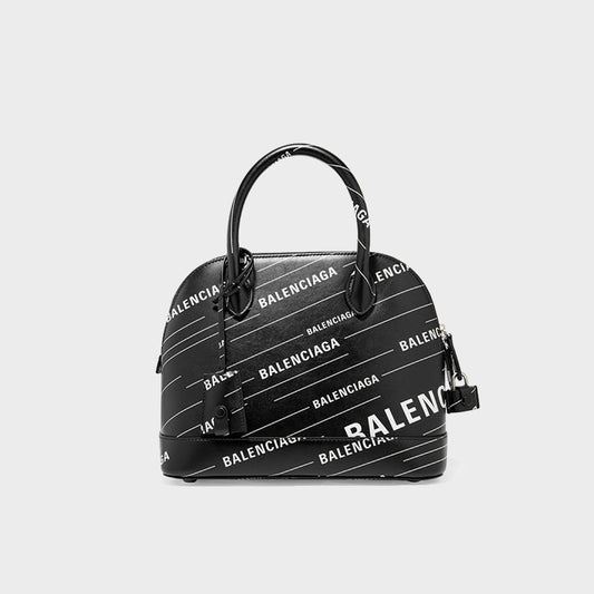 BALENCIAGA Ville Printed Leather Tote with white logo print on black leather
