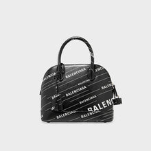 Load image into Gallery viewer, BALENCIAGA Ville Printed Leather Tote with white logo print on black leather
