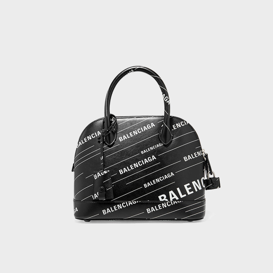 BALENCIAGA Ville Printed Leather Tote with white logo print on black leather