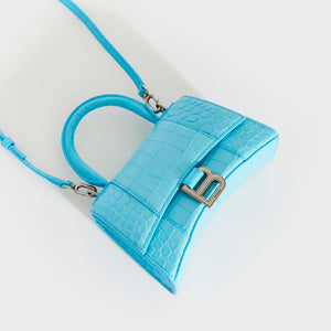 BALENCIAGA XS Hourglass Top Handle Bag in Azur Embossed Croc