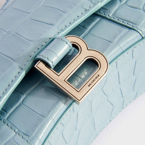 BALENCIAGA XS Hourglass Top Handle Bag in Blue Grey Embossed Croc
