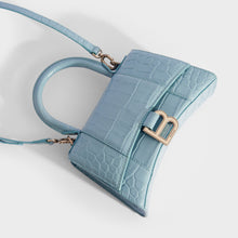 Load image into Gallery viewer, BALENCIAGA XS Hourglass Top Handle Bag in Blue Grey Embossed Croc