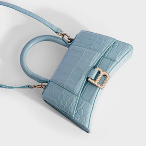 BALENCIAGA XS Hourglass Top Handle Bag in Blue Grey Embossed Croc