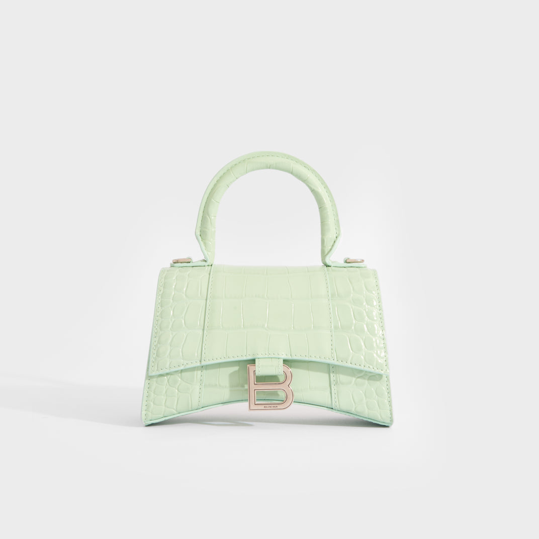 BALENCIAGA XS Hourglass Top Handle Bag in Light Green Embossed Croc