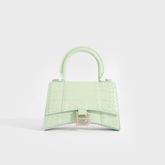XS Hourglass Top Handle Bag in Light Green Embossed Croc [ReSale]